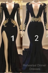 Sexy Long Sleeve Black Gold Semi Formal Prom Dresses  V Neck Appliques Formal Dress
