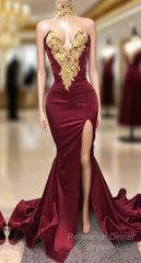 Sexy Mermaid Front-Split Lace High Neck Burgundy Semi Formal Prom Dresses