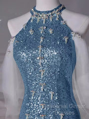 Sexy Mermaid Halter Sequin Blue Floor Length Semi Formal Prom Dress