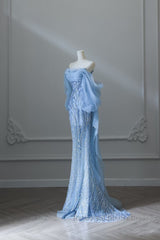 Sexy Mermaid Off The Shoulder Blue Sequin Long Semi Formal Prom Dresses Evening Gowns