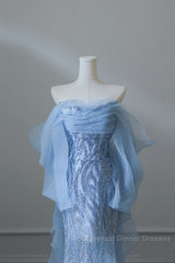 Sexy Mermaid Off The Shoulder Blue Sequin Long Semi Formal Prom Dresses Evening Gowns