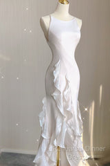 Sexy Mermaid Scoop Satin Night Party Dress White Long Semi Formal Prom Dresses