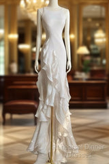 Sexy Mermaid Scoop Satin Night Party Dress White Long Semi Formal Prom Dresses