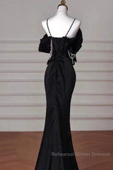 Sexy Mermaid Spaghetti Straps Black Long Formal Dress Satin Semi Formal Prom Dress