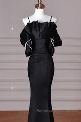 Sexy Mermaid Spaghetti Straps Black Long Formal Dress Satin Semi Formal Prom Dress