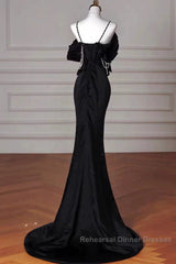 Sexy Mermaid Spaghetti Straps Black Long Formal Dress Satin Semi Formal Prom Dress