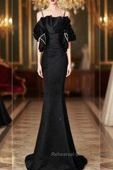 Sexy Mermaid Spaghetti Straps Black Long Formal Dress Satin Semi Formal Prom Dress