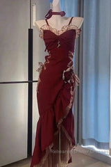 Sexy Mermaid Spaghetti Straps Burgundy Long Evening Dress Semi Formal Prom Dresses