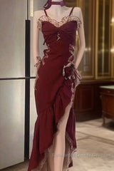 Sexy Mermaid Spaghetti Straps Burgundy Long Evening Dress Semi Formal Prom Dresses