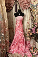 Sexy Mermaid Strapless Pink Satin Long Evening Dress Party Dress Semi Formal Prom Dresses