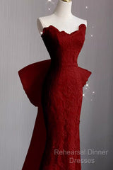 Sexy Mermaid Strapless Red Lace Long Semi Formal Prom Dress