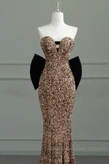 Sexy Mermaid Strapless Sequin Gold Floor Length Semi Formal Prom Dress