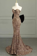 Sexy Mermaid Strapless Sequin Gold Floor Length Semi Formal Prom Dress