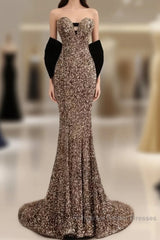 Sexy Mermaid Strapless Sequin Gold Floor Length Semi Formal Prom Dress
