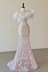 Sexy Mermaid Sweetheart Pink Lace Long Floral Semi Formal Prom Dresses Party Dress