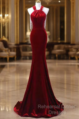 Sexy Mermaid Velvet Party Dresses Red Semi Formal Prom Dresses