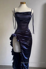 Sexy Sheath Column Spaghetti Straps Navy Blue Backless Satin Semi Formal Prom Dress