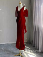 Sexy Sheath V Neckline Long Senior Red Semi Formal Prom Dress Formal Dress