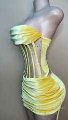 Sexy Strapless Yellow Velvet Semi Formal Prom Dress ,Charming Homecoming Dress