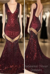 Sexy V-Neck Black Sequined Burgundy Semi Formal Prom Dresses