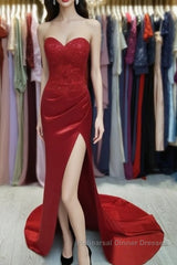 Sheath/Column Elastic Semi Formal Prom Dresses Woven Satin Sequin Sweetheart Sleeveless Court Train Dressese