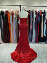Sheath/Column Elastic Semi Formal Prom Dresses Woven Satin Sequin Sweetheart Sleeveless Court Train Dressese