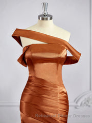 Sheath/Column Off-the-Shoulder Sweep Train Silk like Satin Bridesmaid Dresses with Leg Slit