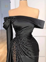 Sheath Off-The-Shoulder Long Sleeves Satin/Sequined Semi Formal Prom Dresses