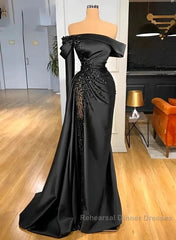 Sheath Off-The-Shoulder Long Sleeves Satin/Sequined Semi Formal Prom Dresses