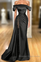 Sheath Off-The-Shoulder Long Sleeves Satin/Sequined Semi Formal Prom Dresses