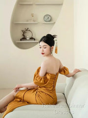 Sheath Off The Shoulder Yellow Semi Formal Prom Dresses Evening Dress