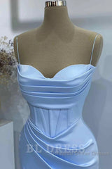 Sheath Spaghetti Straps Satin Pleated Light Blue Long Formal Dresses Bridesmaid Dresses Evening Gown Semi Formal Prom Dress With Slit
