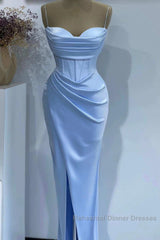 Sheath Spaghetti Straps Satin Pleated Light Blue Long Formal Dresses Bridesmaid Dresses Evening Gown Semi Formal Prom Dress With Slit