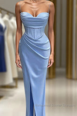 Sheath Spaghetti Straps Satin Pleated Light Blue Long Formal Dresses Bridesmaid Dresses Evening Gown Semi Formal Prom Dress With Slit