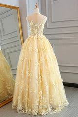 Sheer Appliques Lace A Line Yellow Semi Formal Prom Dress
