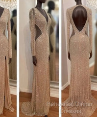 Sheer Sexy Sequins Long Sleeves Semi Formal Prom Dresses