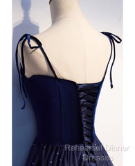 Shining Navy Blue Suede Fine Shoulder Strap Sleeveless Off Shoulder Evening Dress With Navy Blue A-Line Princess Sequin Backless And Ground Length Ruffled Edge For Evening Dress