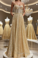 Shiny A Line Spaghetti Straps Gold Semi Formal Prom Dresses Long, Sweetheart Neck Golden Formal Dresses, Gold Tulle Evening Dresses WT1856