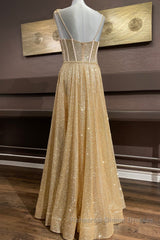 Shiny A Line Spaghetti Straps Gold Semi Formal Prom Dresses Long, Sweetheart Neck Golden Formal Dresses, Gold Tulle Evening Dresses WT1856