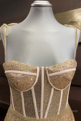 Shiny A Line Spaghetti Straps Gold Semi Formal Prom Dresses Long, Sweetheart Neck Golden Formal Dresses, Gold Tulle Evening Dresses WT1856