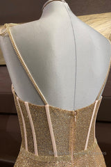 Shiny A Line Spaghetti Straps Gold Semi Formal Prom Dresses Long, Sweetheart Neck Golden Formal Dresses, Gold Tulle Evening Dresses WT1856