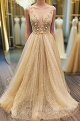 Shiny A Line V Neck Champagne Flowers Long Semi Formal Prom Dresses, Champagne V Neck Long Formal Evening Dresses
