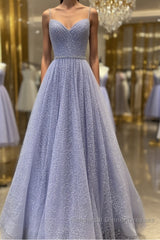 Shiny A Line V Neck Purple Lace Semi Formal Prom Dresses, A Line V Neck Purple Lace Formal Evening Dresses