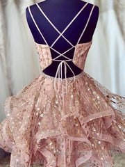 Shiny A Line V Neck Short Champagne Lace Semi Formal Prom Dresses, Short Champagne Lace Formal Homecoming Dresses