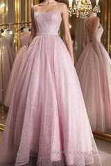 Shiny Backless Pink Sequins Long Semi Formal Prom Dresses, Pink Formal Evening Dresses, Sparkly Ball Gown