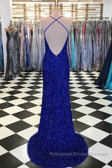Shiny Blue Sequins Mermaid Backless Long Semi Formal Prom Dresses with High Slit, Mermaid Blue Formal Dresses, Blue Evening Dresses