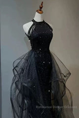 Shiny Halter Sequin Tulle Layered Long Semi Formal Prom Dress Black Evening Dress Wedding Dress