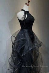Shiny Halter Sequin Tulle Layered Long Semi Formal Prom Dress Black Evening Dress Wedding Dress