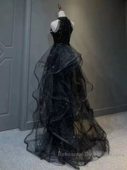 Shiny Halter Sequin Tulle Layered Long Semi Formal Prom Dress Black Evening Dress Wedding Dress