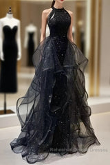Shiny Halter Sequin Tulle Layered Long Semi Formal Prom Dress Black Evening Dress Wedding Dress